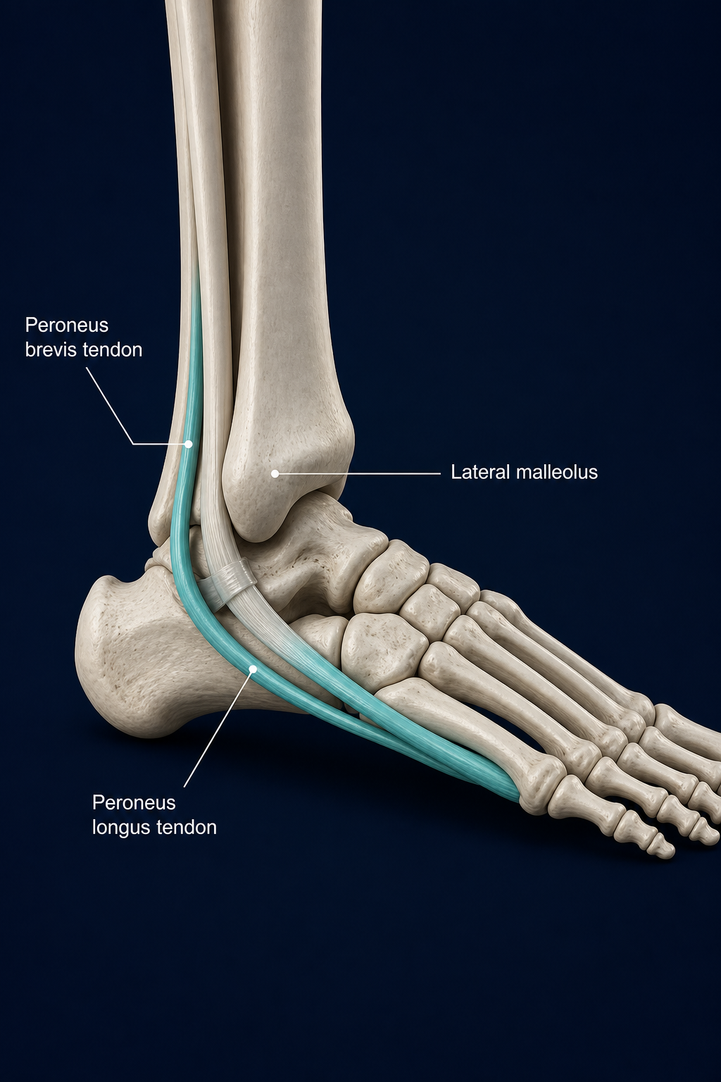 Lower leg and ankle anatomy showing the peroneal (fibularis) tendons wrapping behind the outer ankle bone.