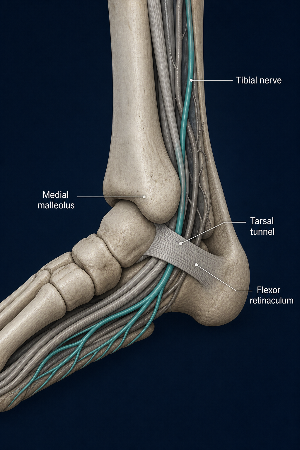Lower leg and foot anatomy showing the tibial nerve passing through the tarsal tunnel.
