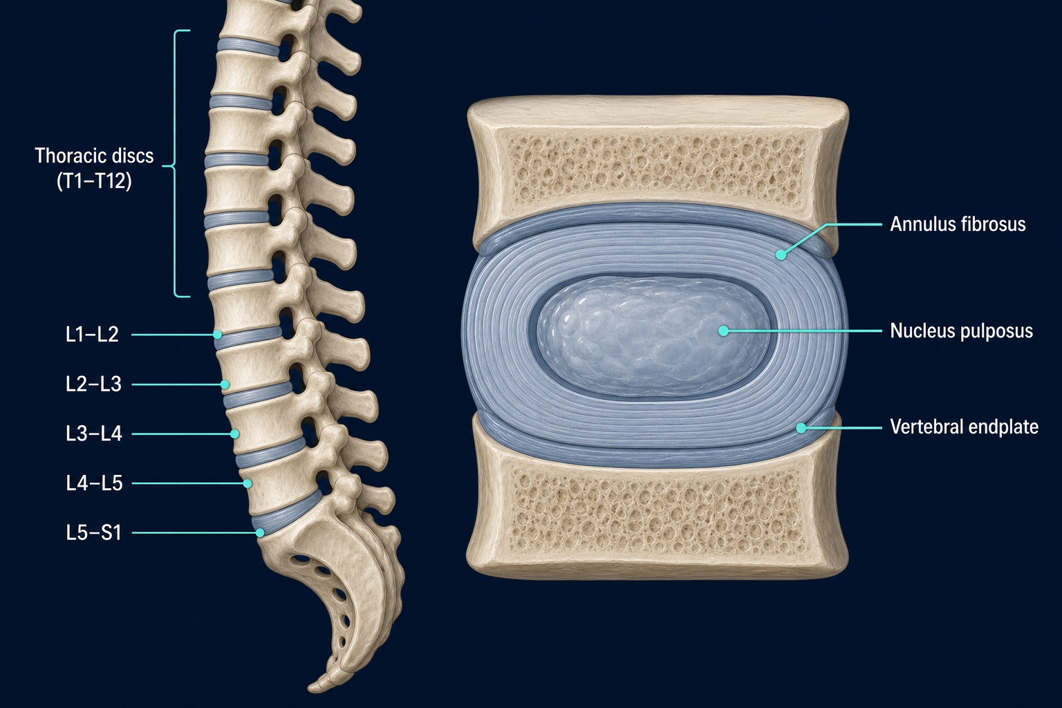 Thoracic and lumbar disc levels with a cutaway showing the annulus fibrosus, nucleus pulposus and vertebral endplate.