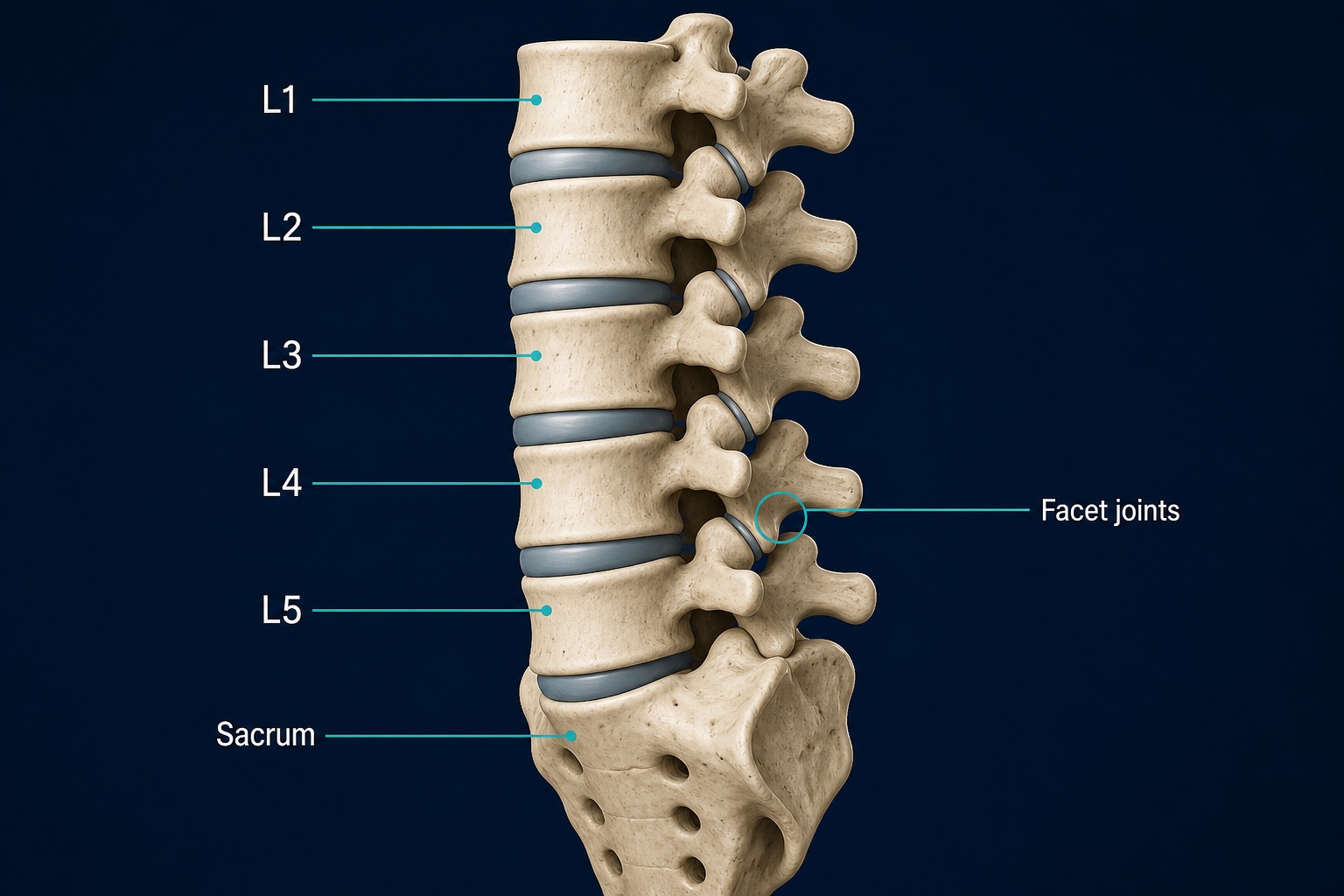 The lumbar vertebrae labelled L1 through L5, with the sacrum and facet joints.