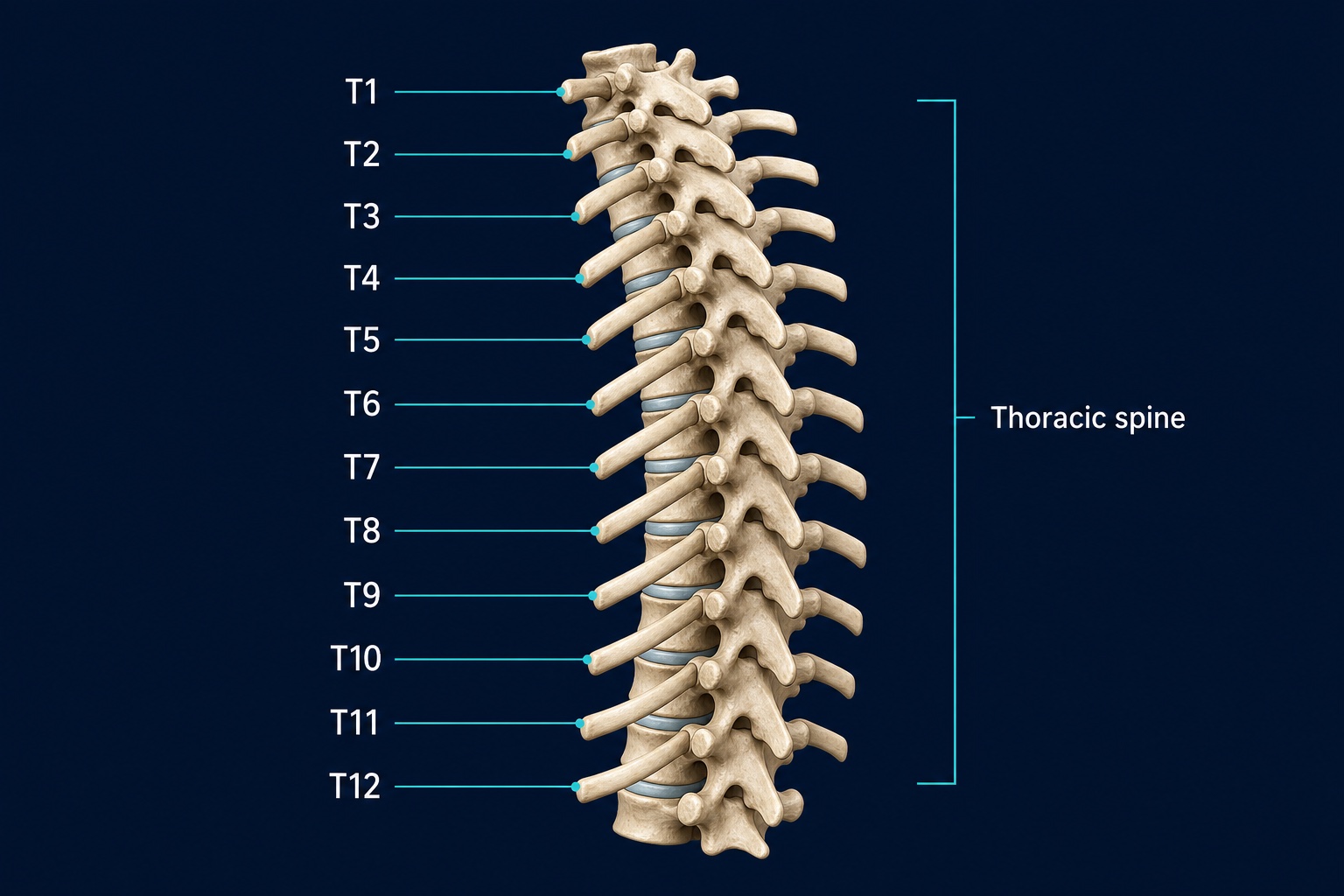 The twelve thoracic vertebrae labelled T1 through T12.