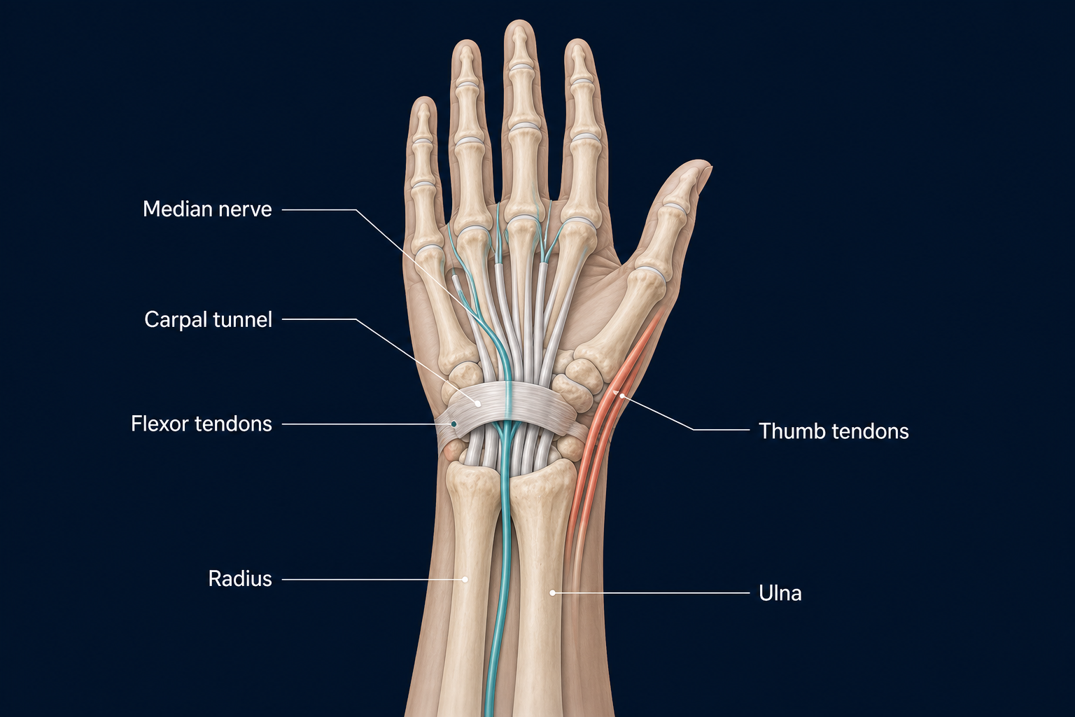 Palm-side wrist and hand anatomy showing the median nerve in teal, thumb tendons in coral, flexor tendons, carpal tunnel, radius and ulna.