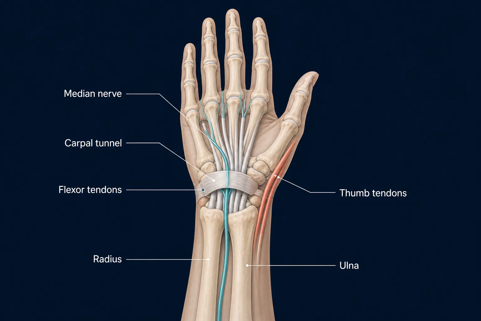 Palm-side wrist and hand anatomy showing the median nerve in teal, thumb tendons in coral, flexor tendons, carpal tunnel, radius and ulna.