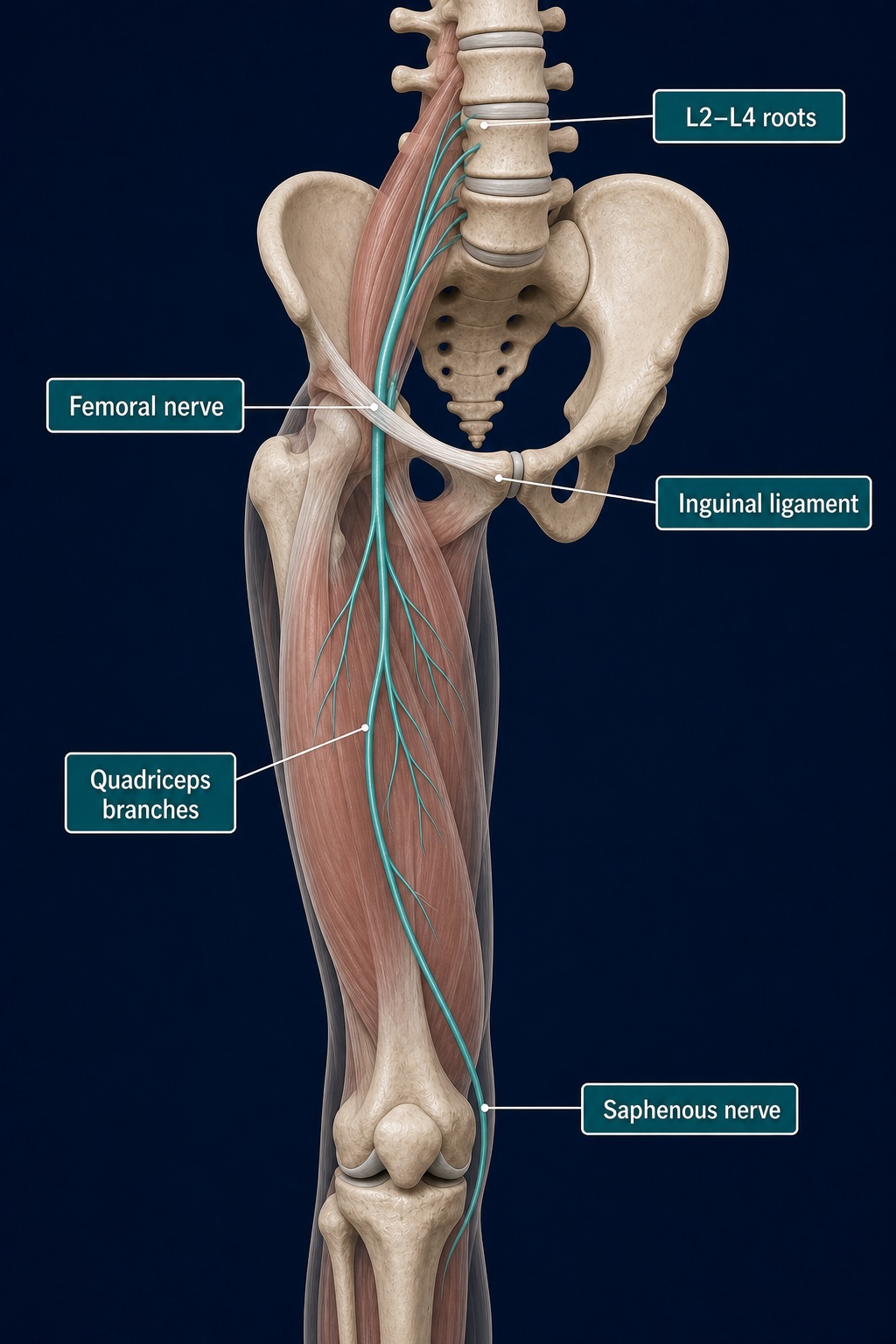 The femoral nerve highlighted in teal from the L2 to L4 roots through the pelvis and into the front of the thigh, with its quadriceps and saphenous branches labelled.