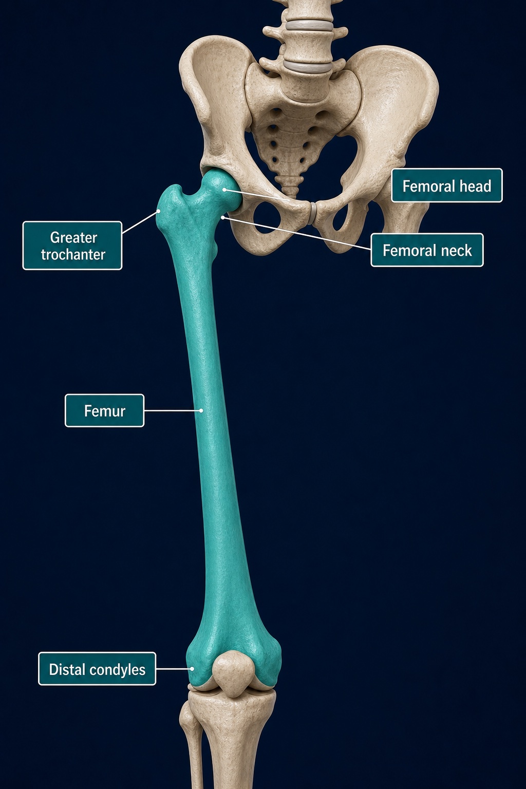 The femur highlighted in teal from the hip joint to the knee, with the femoral head, neck, greater trochanter and distal condyles labelled.