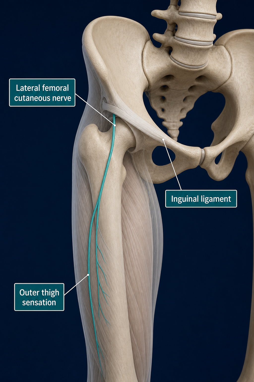 Pelvis and thigh anatomy showing the lateral femoral cutaneous nerve in teal.