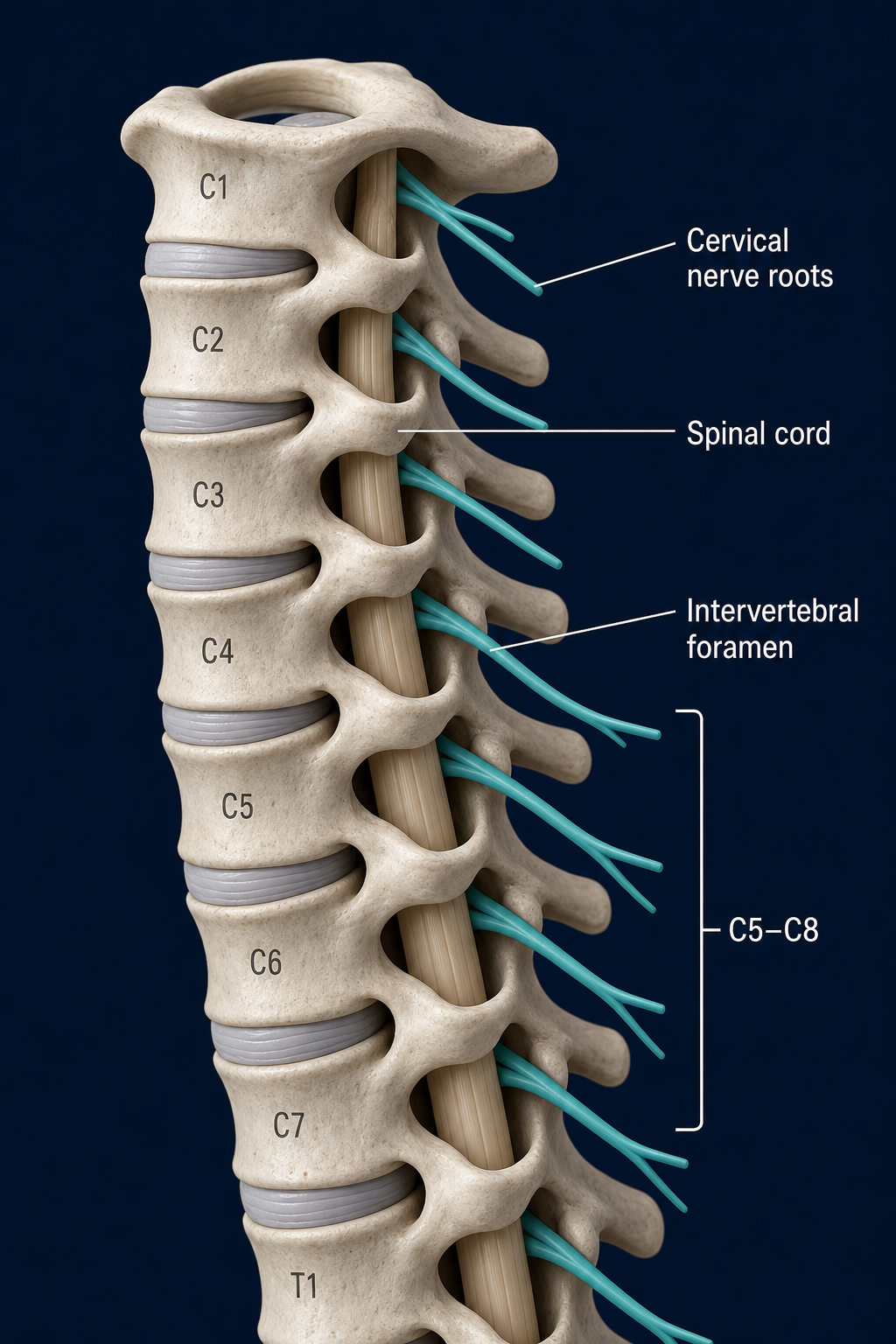 Cervical spine cutaway showing cervical nerve roots in teal.