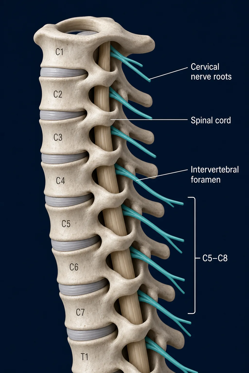 Cervical spine cutaway showing cervical nerve roots in teal.