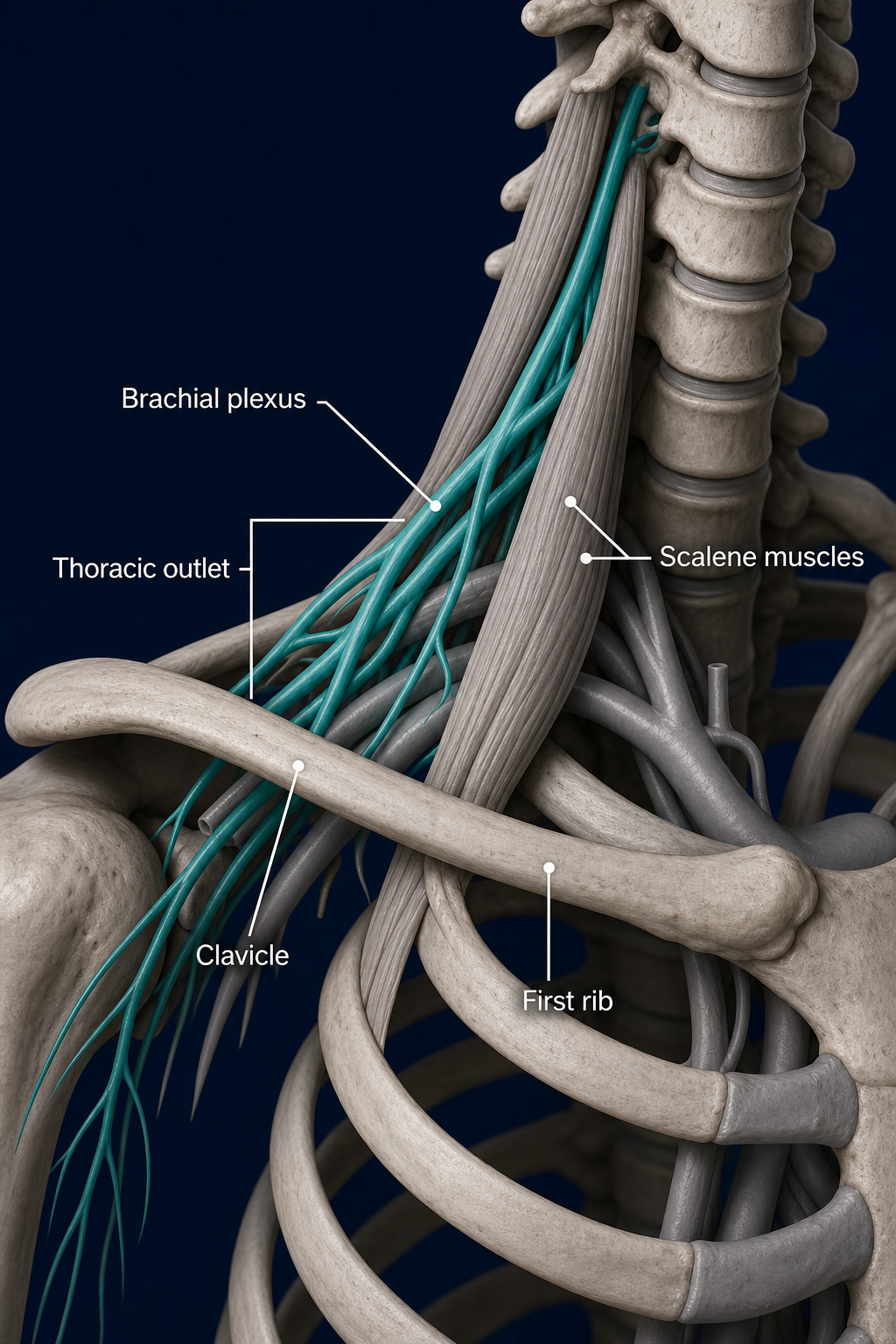 Thoracic outlet anatomy showing the brachial plexus in teal between the neck and shoulder.