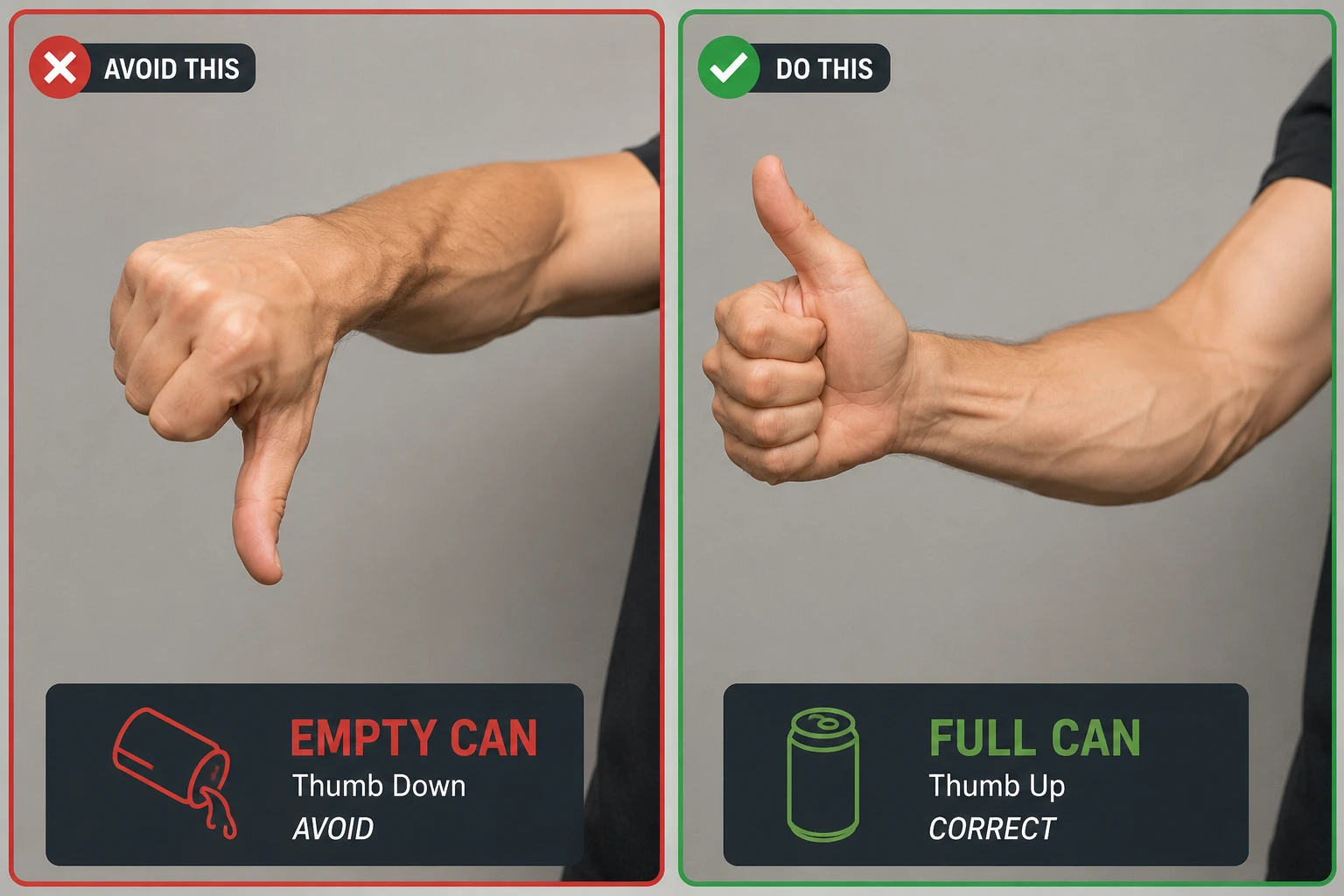Side-by-side comparison of the empty-can hand position, thumb down, to avoid, next to the full-can hand position, thumb up, recommended, for the can raise exercise
