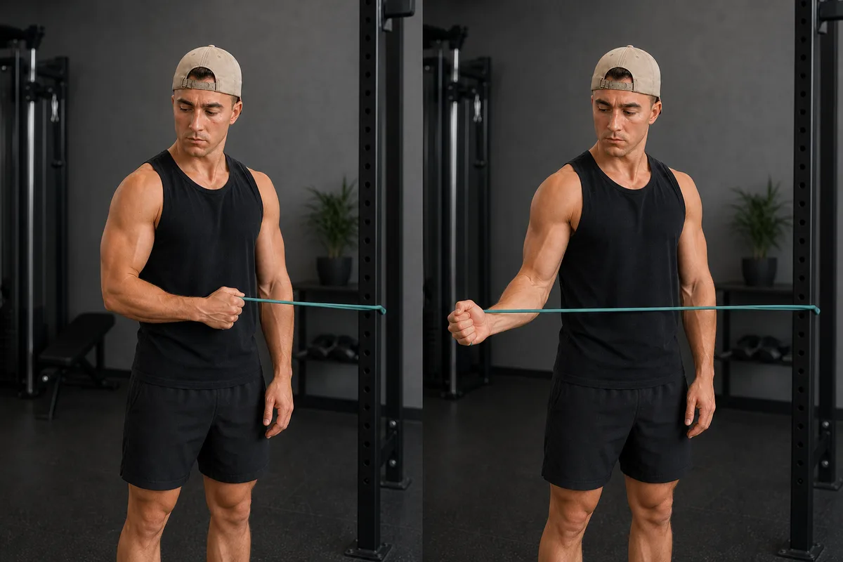 Two-panel demonstration of resistance-band shoulder external rotation: starting with the elbow tucked at 90 degrees and the forearm across the abdomen, then rotating the forearm outward while keeping the elbow still