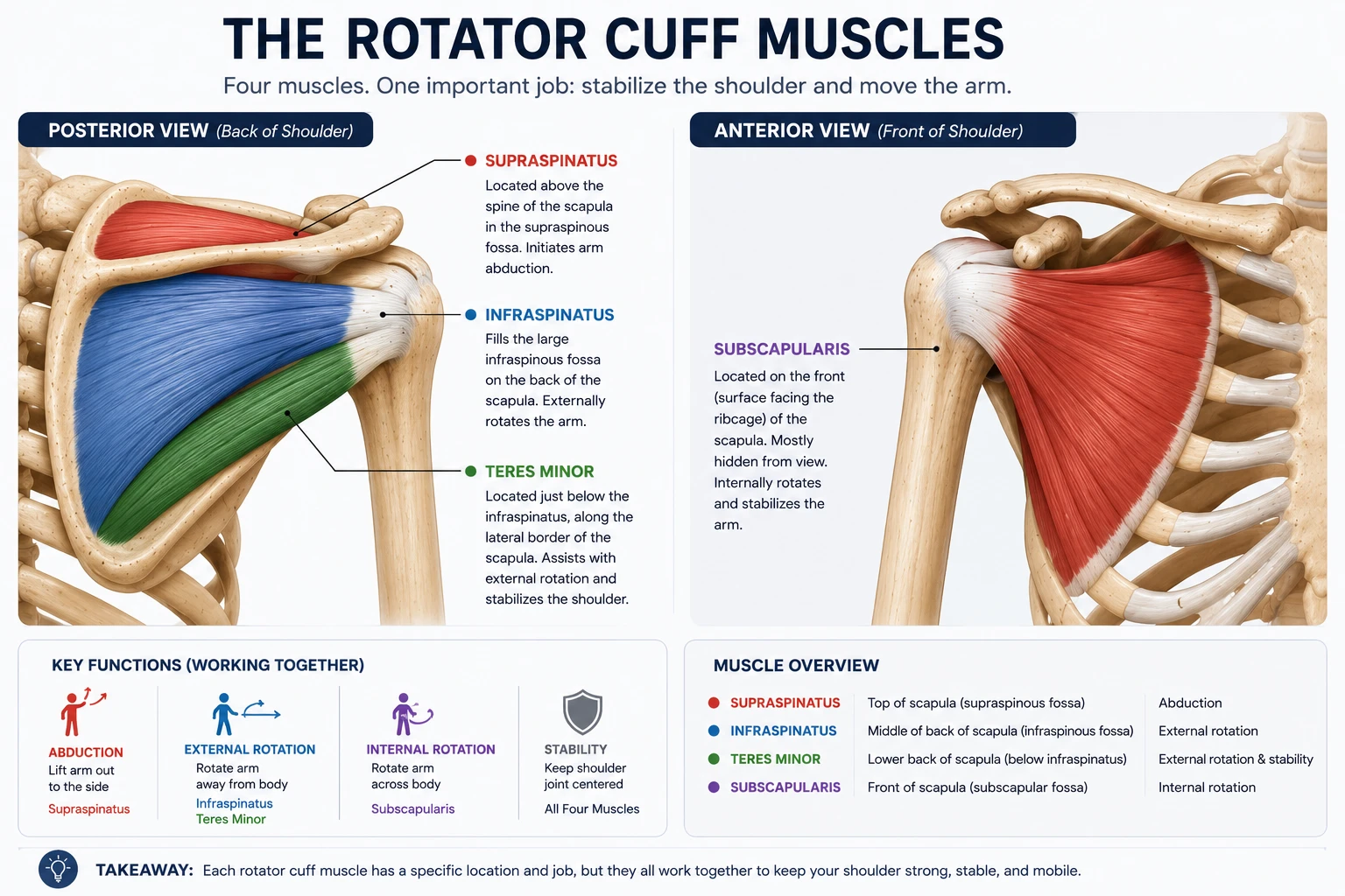 The four rotator cuff muscles surround the shoulder and help control the upper-arm bone as you move: posterior and anterior anatomical views of the supraspinatus, infraspinatus and teres minor on the back of the shoulder, and subscapularis on the front