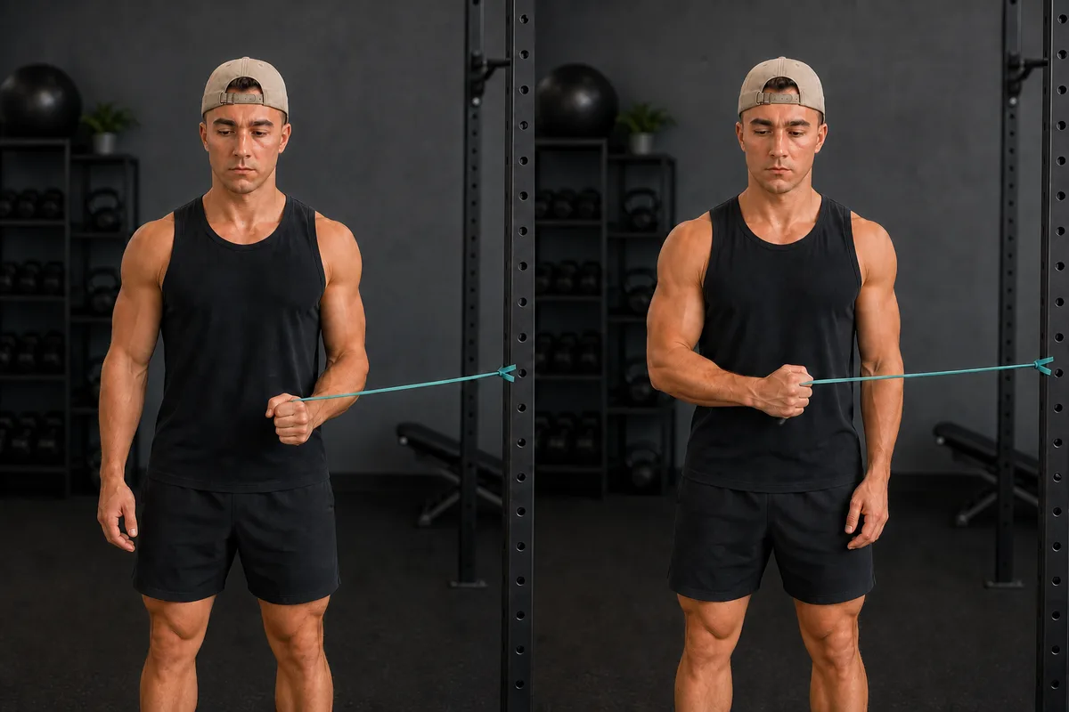 Two-panel demonstration of resistance-band shoulder internal rotation: starting with the elbow tucked at 90 degrees and the forearm pointing outward, then rotating the forearm inward across the abdomen while keeping the elbow still