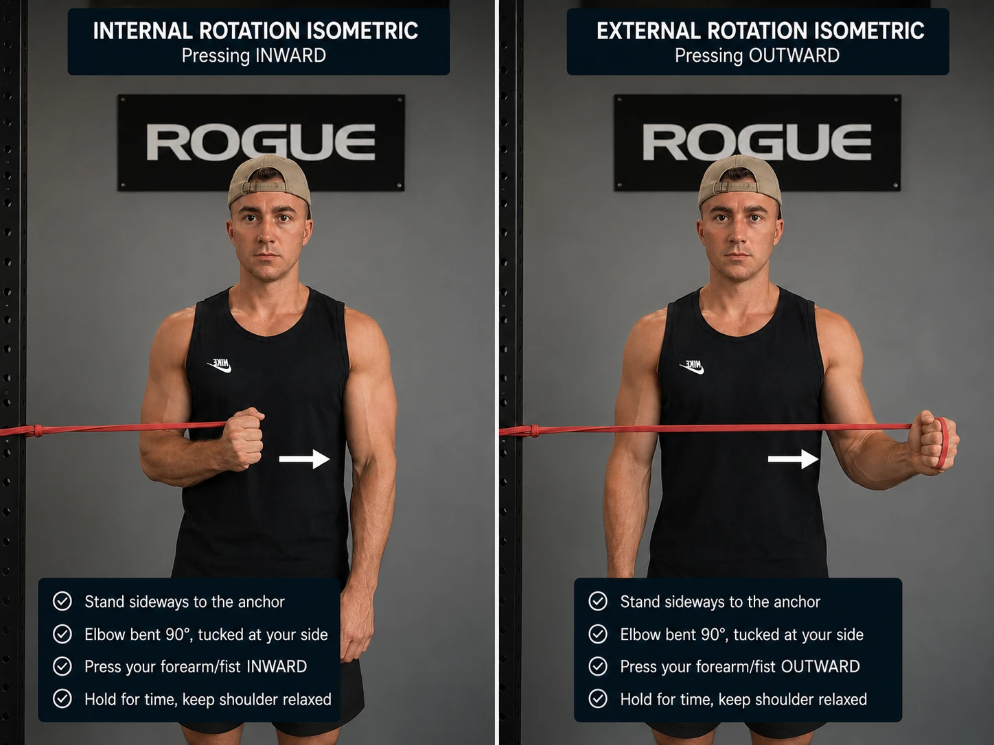 Two-panel demonstration of isometric shoulder holds: pressing the forearm inward against an anchored band for internal rotation, and pressing outward for external rotation, elbow tucked at 90 degrees, with directional arrows showing the press direction
