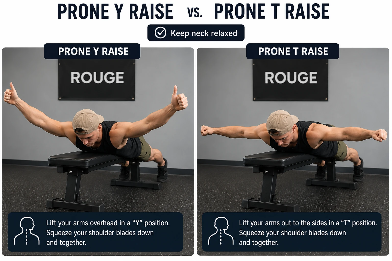 Side-by-side demonstration of the prone Y raise, arms lifted overhead in a Y position with thumbs up, and the prone T raise, arms lifted out to the sides in a T position, performed face-down on a bench with the neck kept relaxed