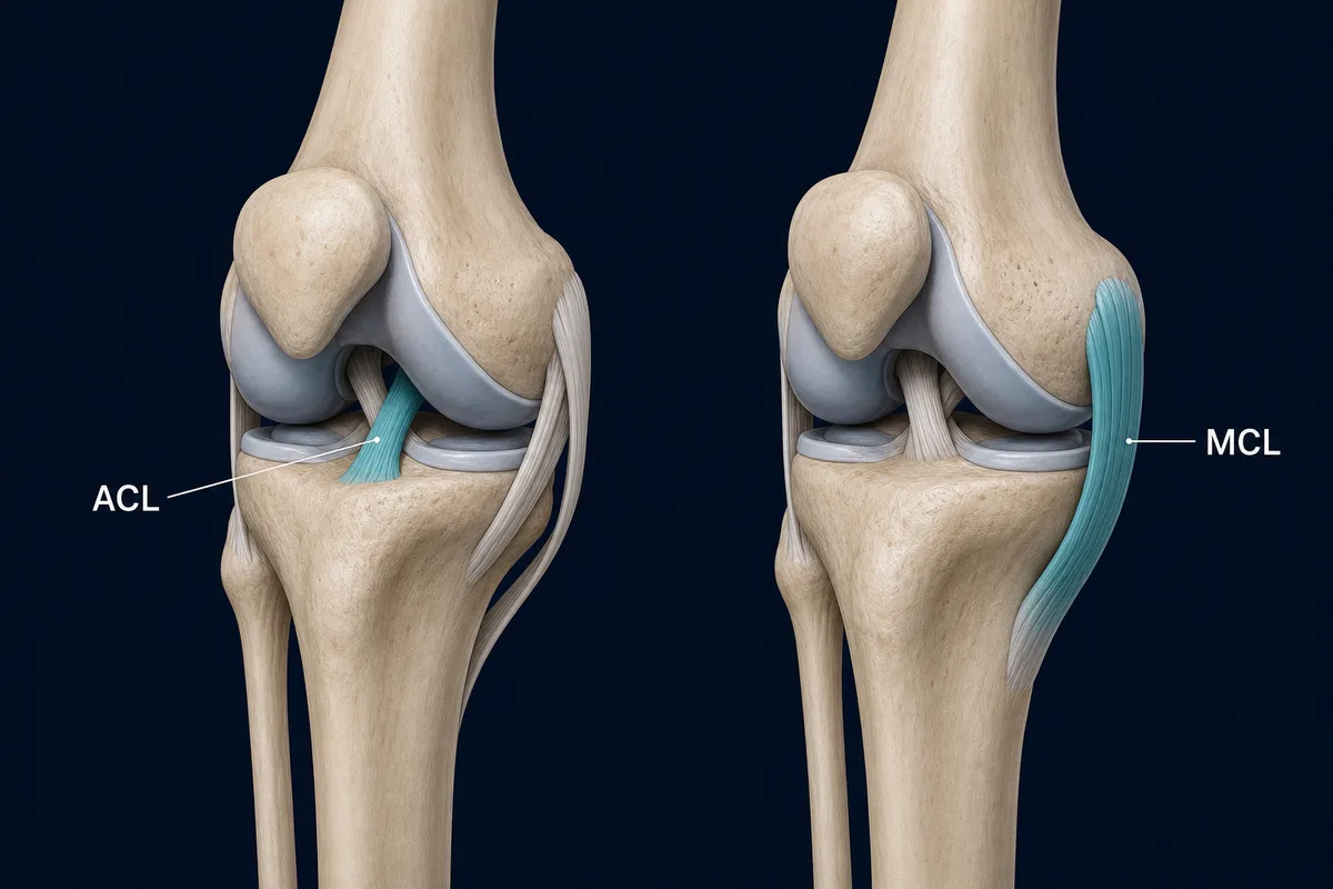 Side-by-side knee anatomy showing the ACL in the centre of the joint and the MCL along the inner knee.