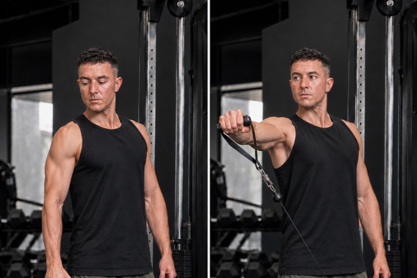 Cable lateral raise showing the arm-down start and shoulder-height finish.