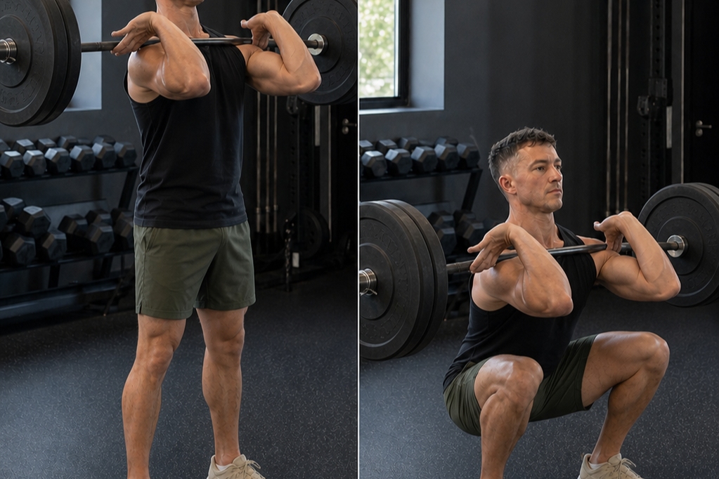 Front squat showing the standing position and a deep, controlled bottom position.