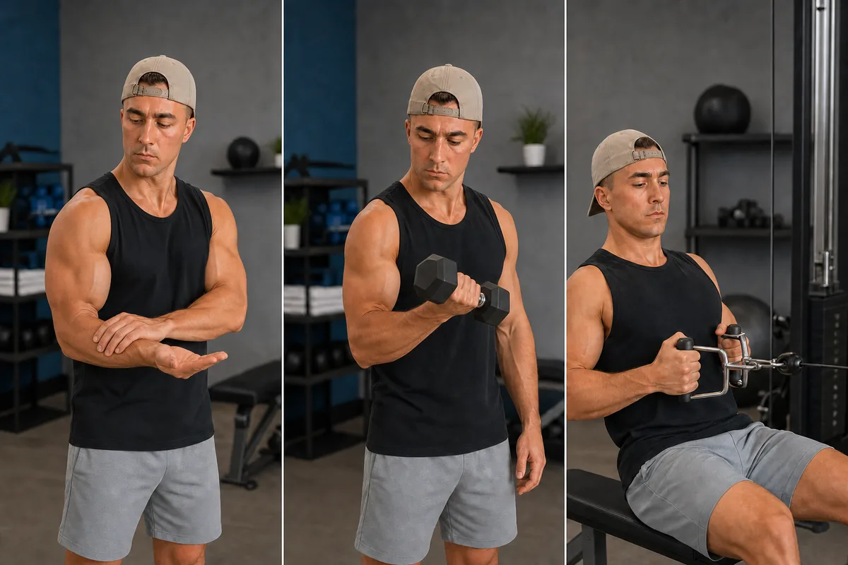 Three stages of returning to training: a self-resisted biceps hold, a controlled dumbbell curl and a seated cable row