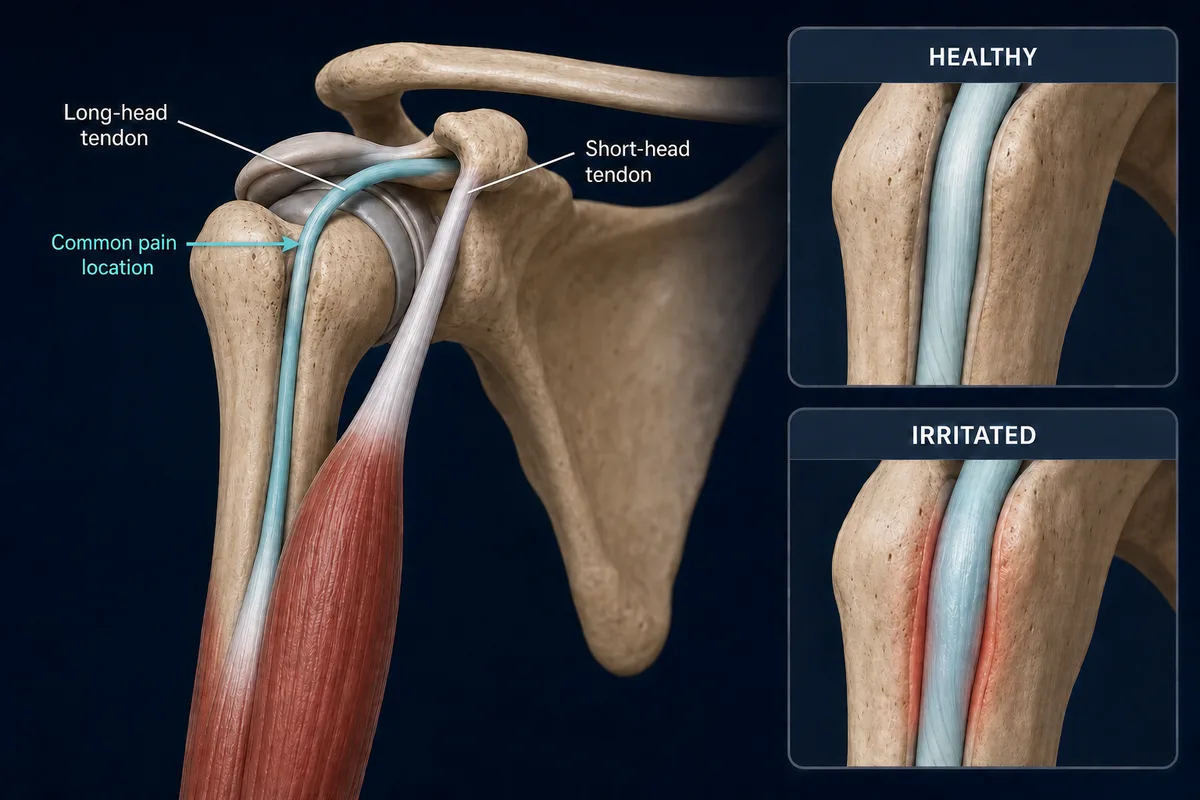 Shoulder anatomy showing the long-head and short-head biceps tendons, the common location of long-head tendon pain and a healthy-versus-irritated comparison
