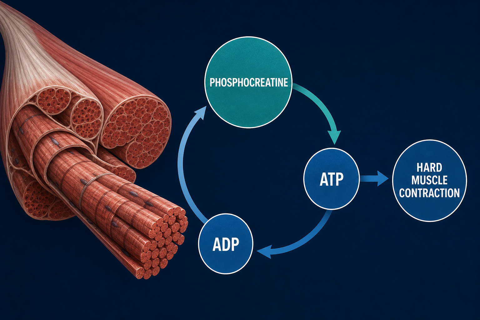 A simplified diagram showing phosphocreatine helping recycle ADP into ATP for a hard muscle contraction.