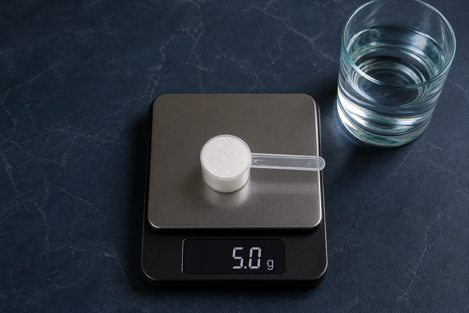 A level scoop containing a measured 5.0 gram serving of creatine monohydrate.