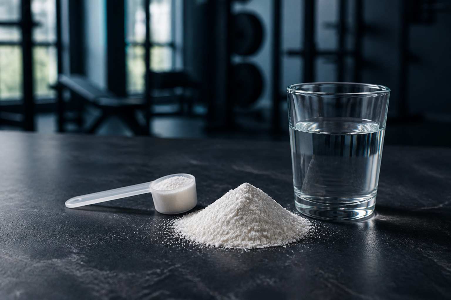 Pure creatine monohydrate powder with an unbranded scoop and a glass of water.