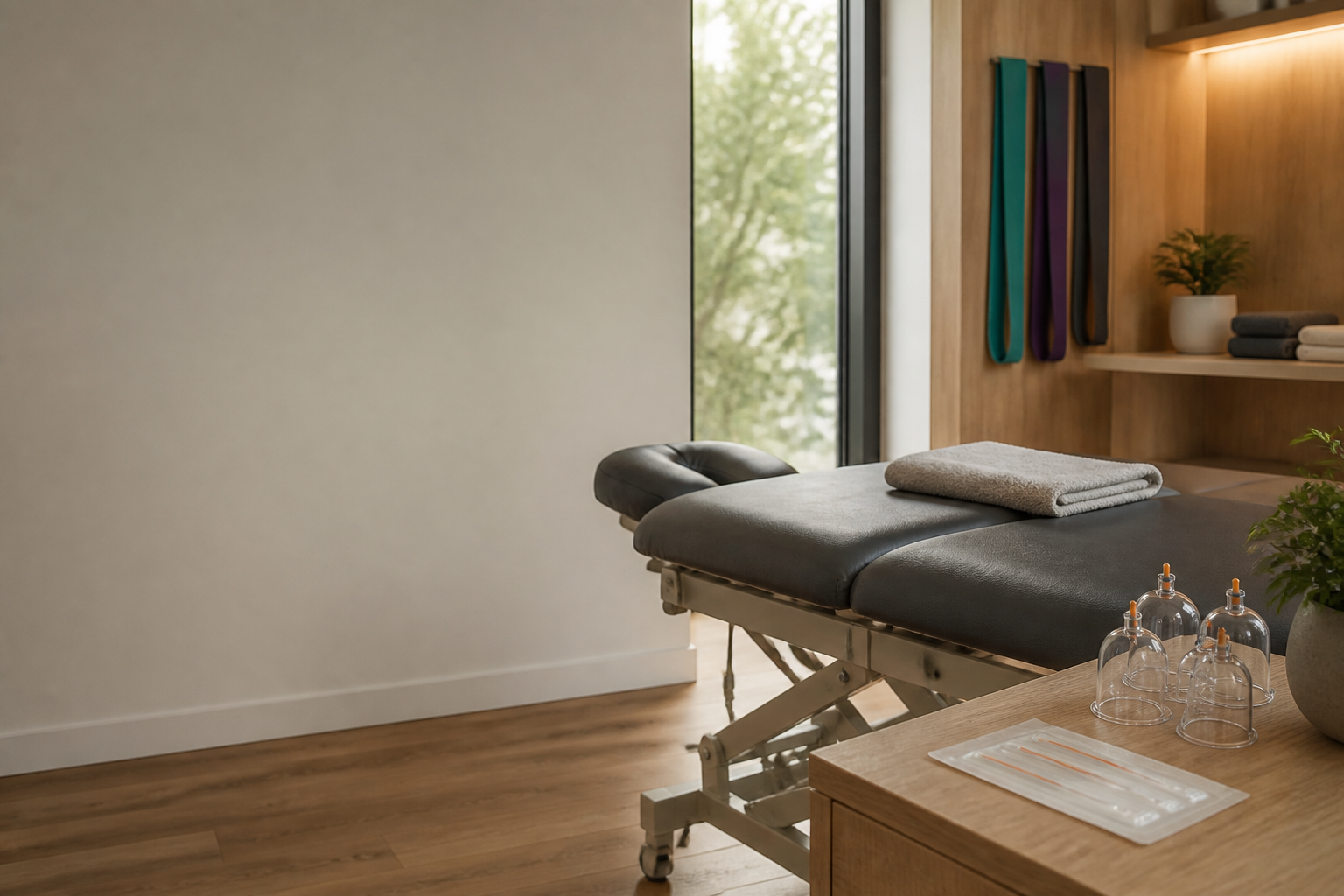 A calm modern treatment room with a table, dry cups, resistance bands and sealed acupuncture needles.