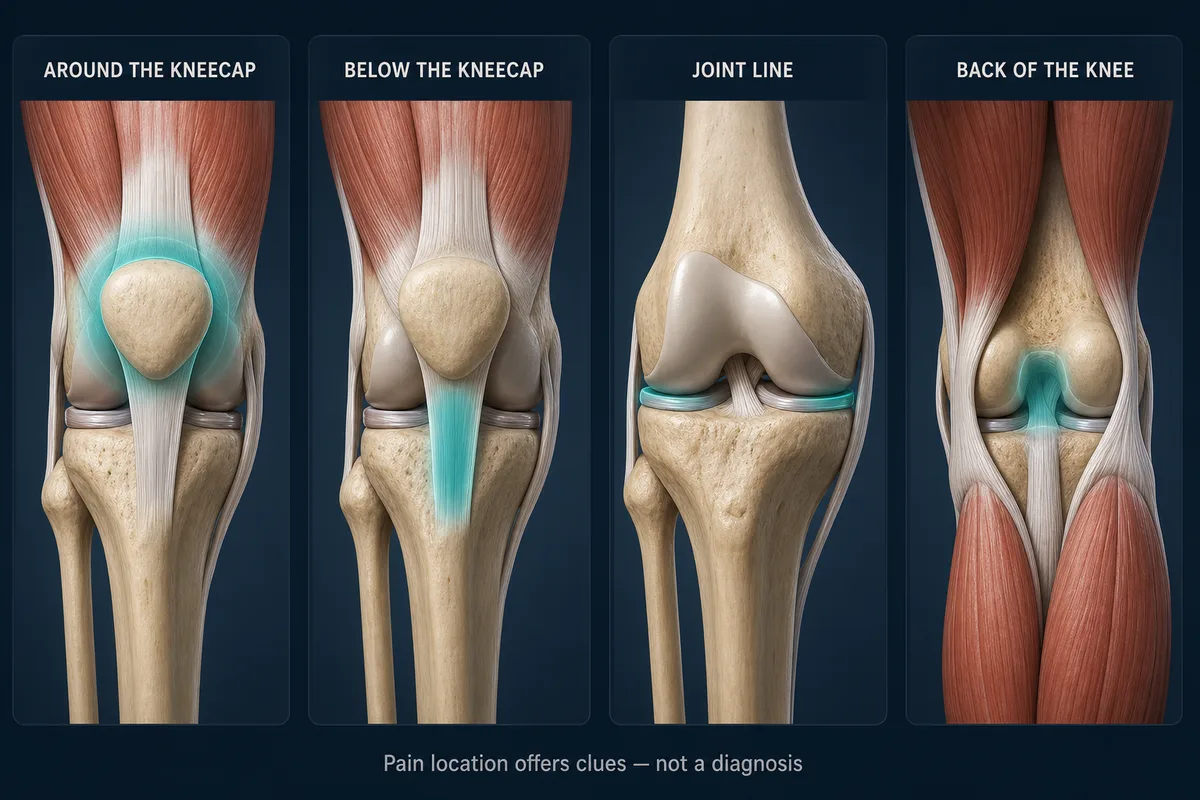 Front, side and back views showing common knee-pain locations.