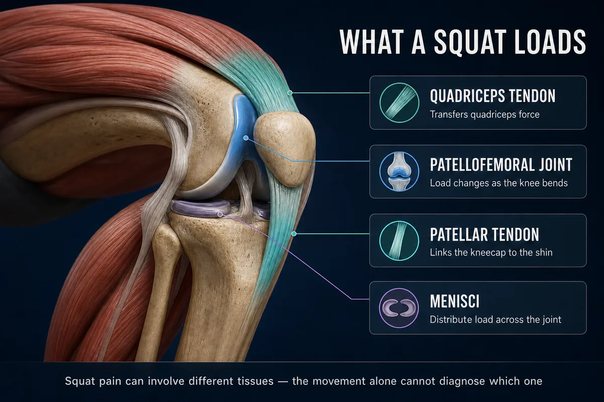 A cutaway knee showing the quadriceps tendon, patellofemoral joint, patellar tendon and menisci loaded during squatting.
