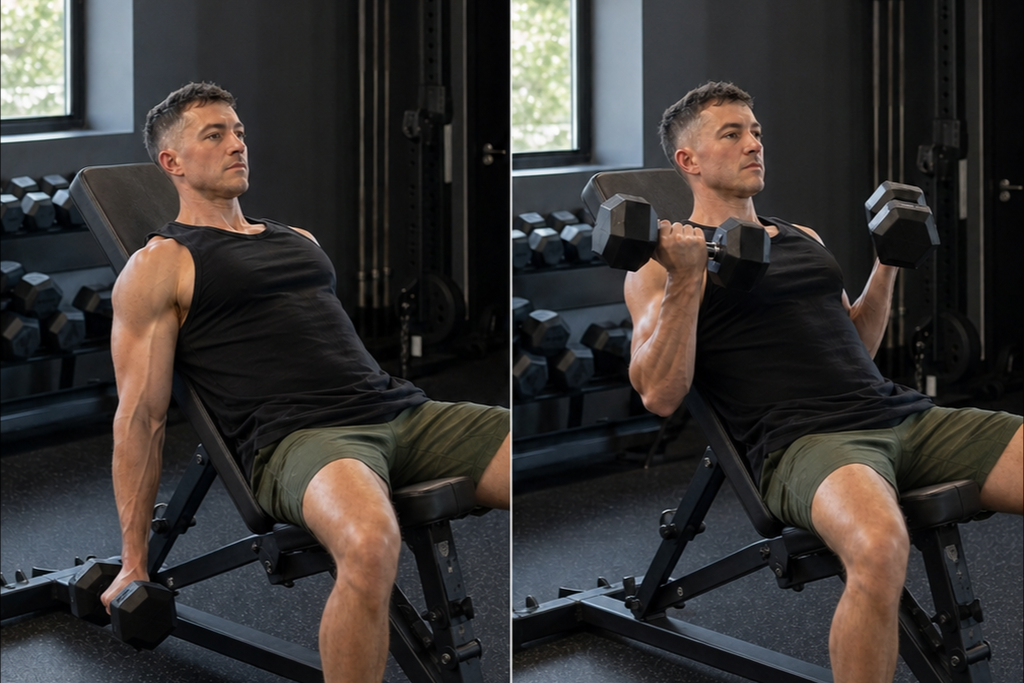 Incline dumbbell curl showing the stretched starting position and the middle of the lifting range.