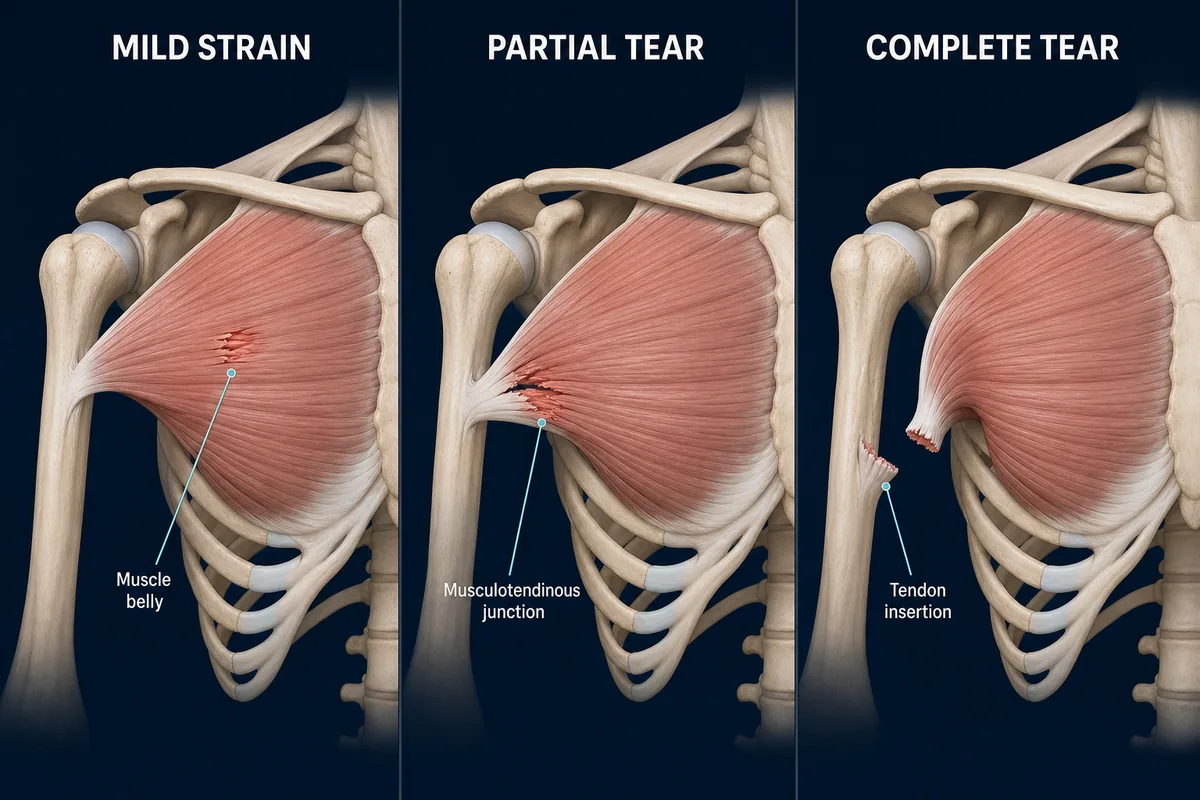 Three-panel pectoralis-major injury comparison showing a mild strain in the muscle belly, a partial tear at the musculotendinous junction and a complete tear at the humeral tendon insertion