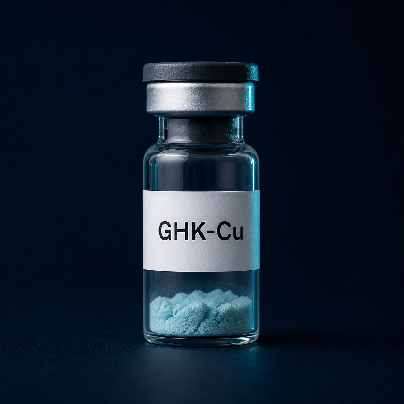 A generic vial labelled GHK-Cu with pale blue powder.