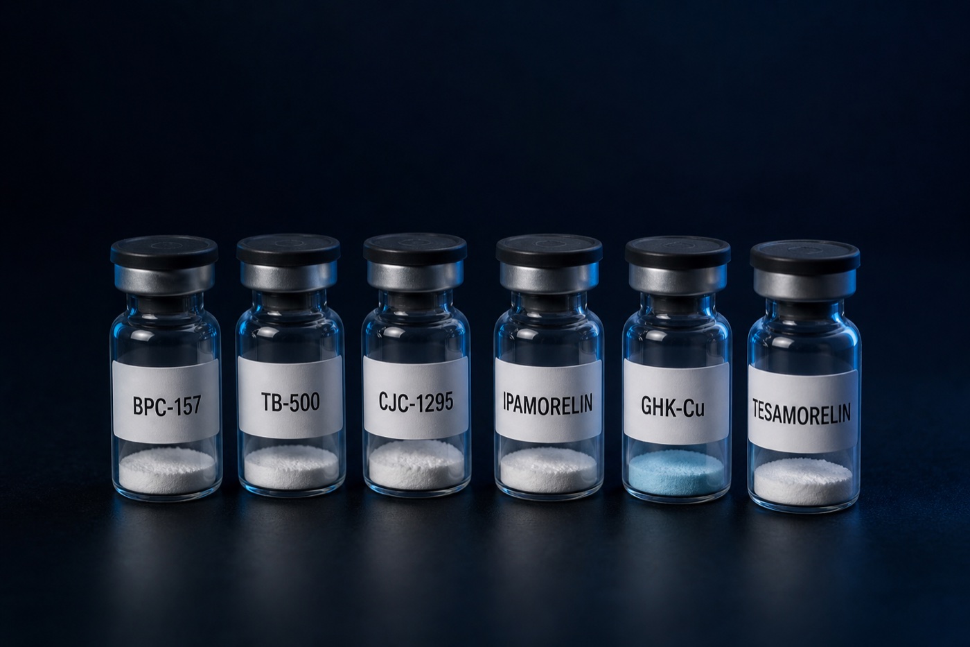 Six generic peptide vials labelled BPC-157, TB-500, CJC-1295, ipamorelin, GHK-Cu and tesamorelin.