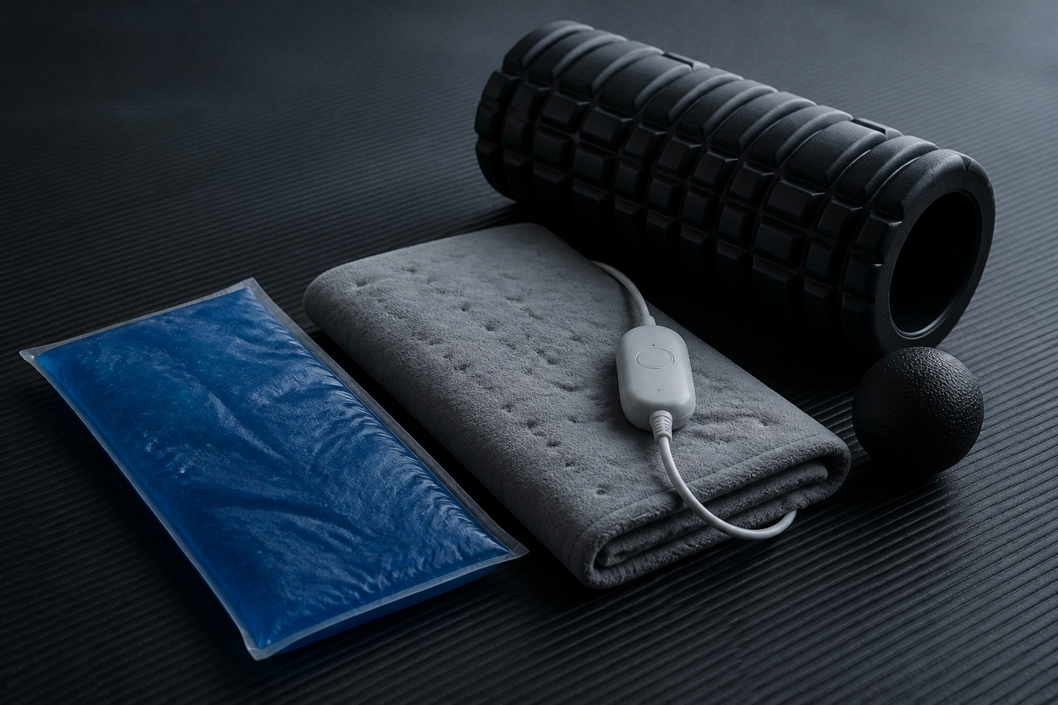 A reusable cold pack, heating pad, foam roller and lacrosse ball.