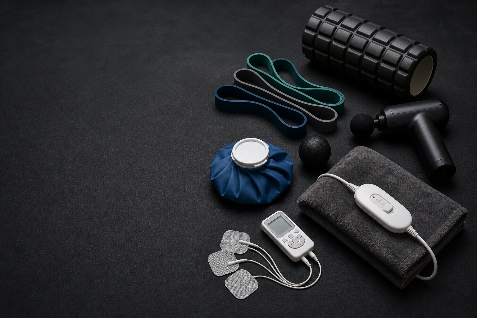 A practical collection of common recovery equipment arranged on a dark exercise mat.