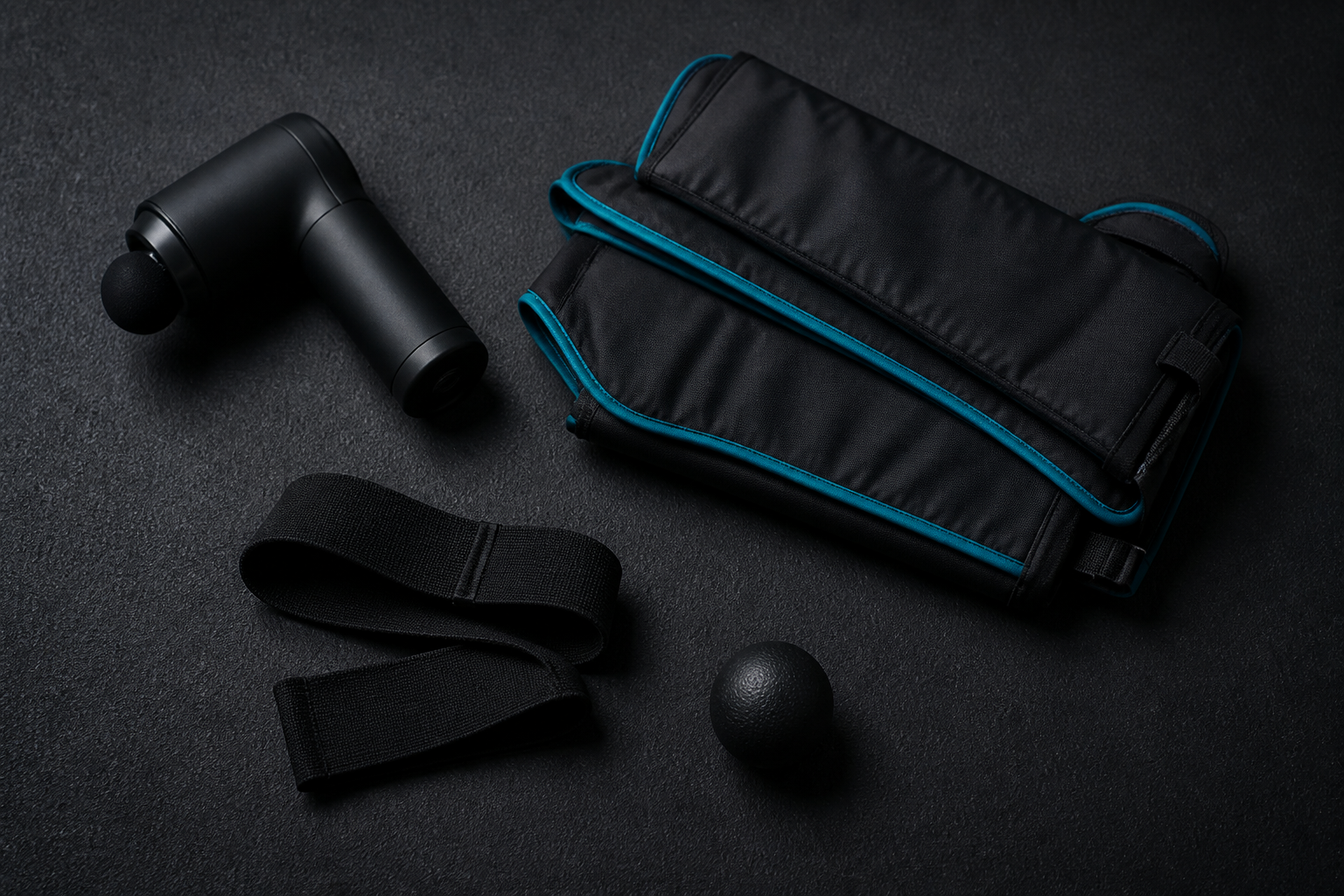 A massage gun, compression boots, mobility strap and lacrosse ball.