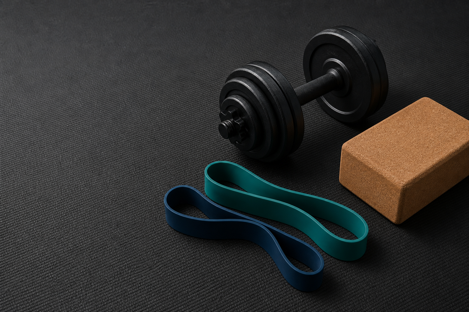 Resistance bands, an adjustable dumbbell and a cork yoga block: the practical foundations of a recovery kit.