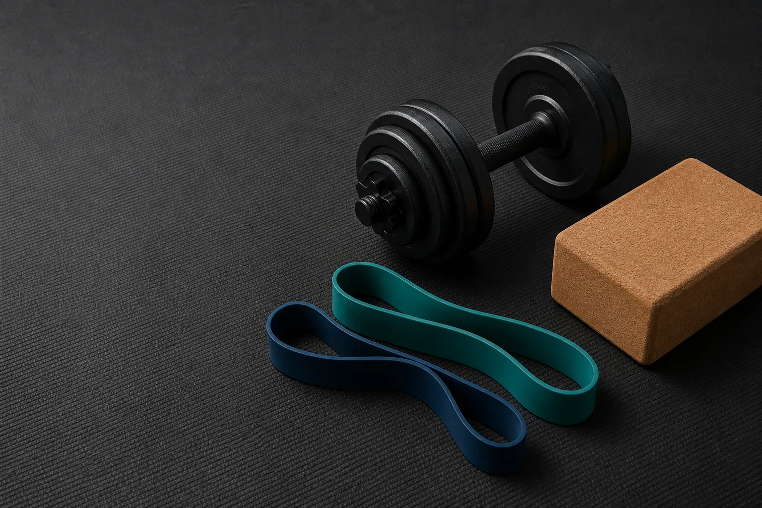 Resistance bands, an adjustable dumbbell and a cork yoga block: the practical foundations of a recovery kit.