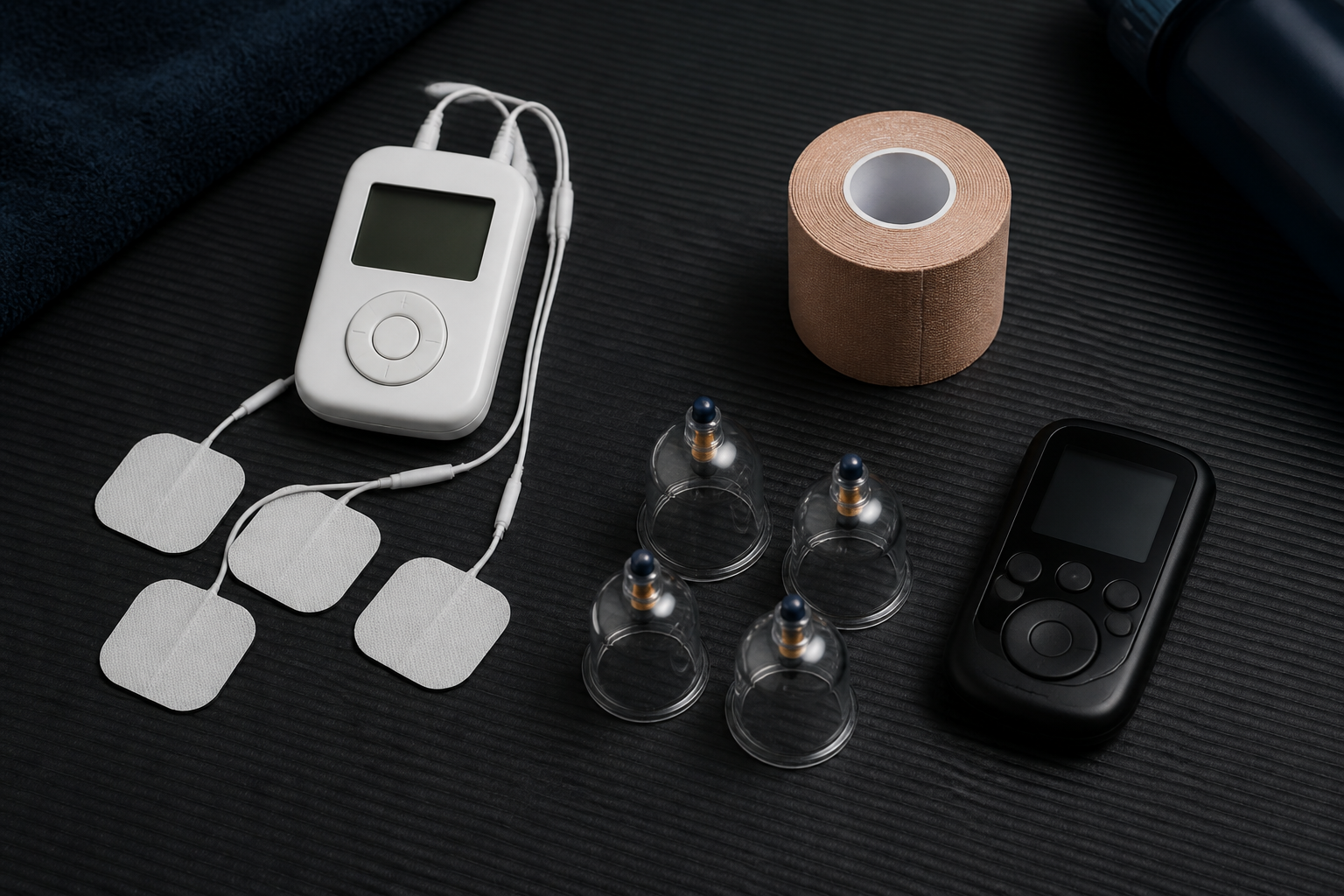 A TENS unit, kinesiology tape, dry cupping cups and EMS-style controller.