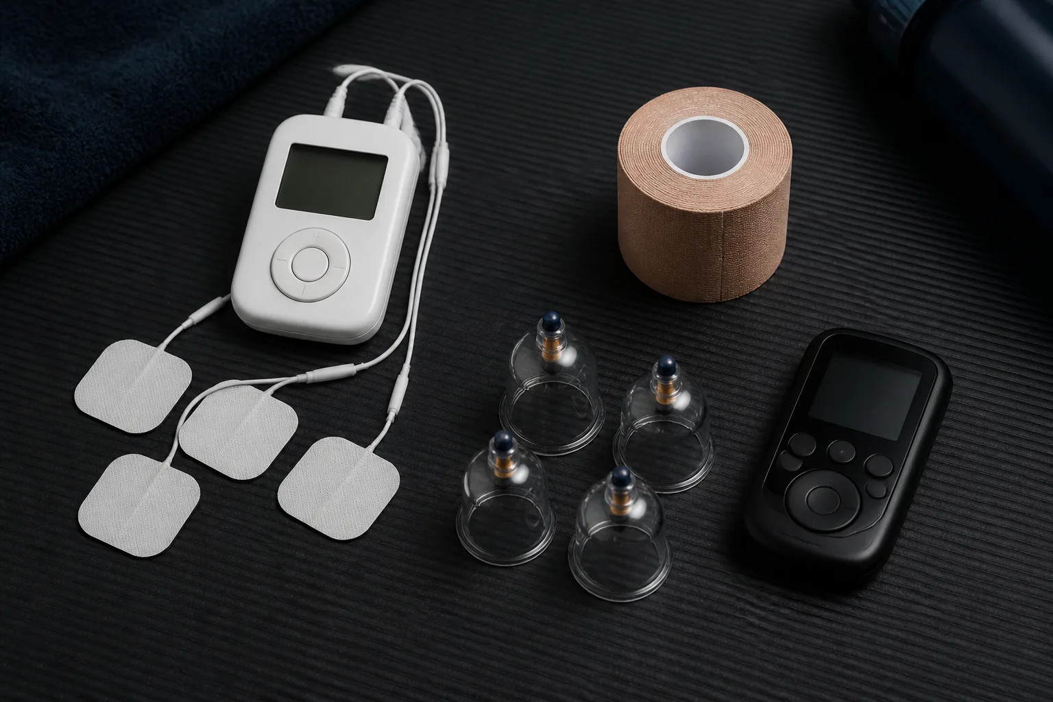 A TENS unit, kinesiology tape, dry cupping cups and EMS-style controller.