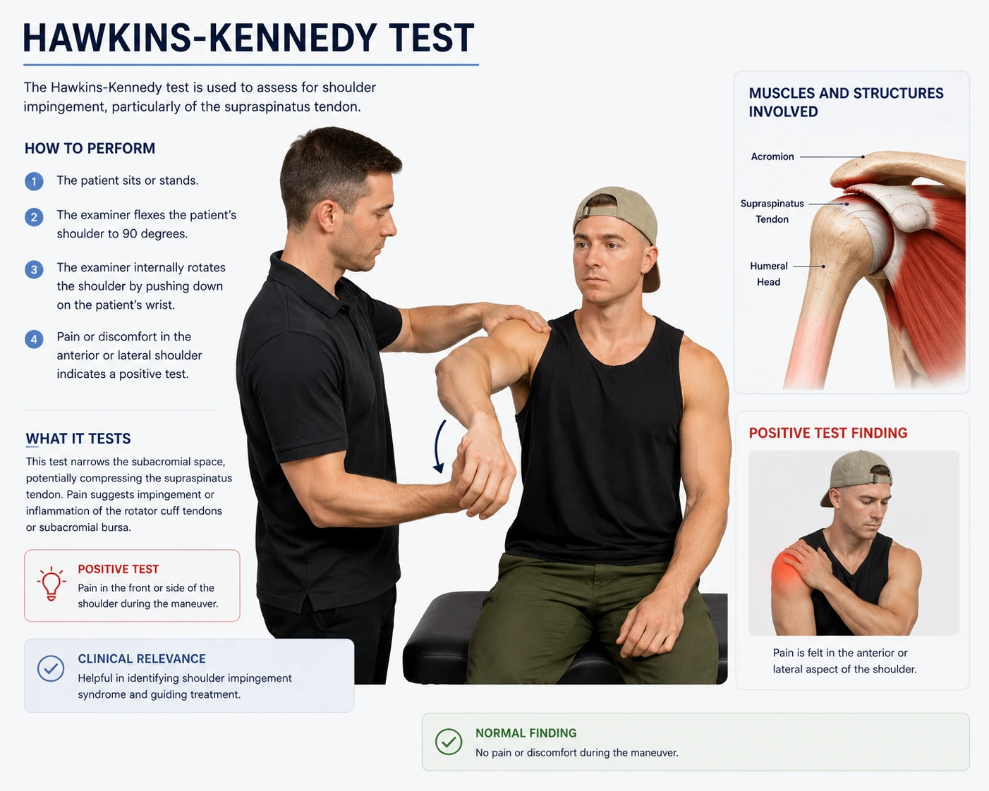 A clinician performing the Hawkins-Kennedy test on a seated patient by flexing the shoulder to 90 degrees and internally rotating it, with an anatomical inset showing the muscles and structures involved