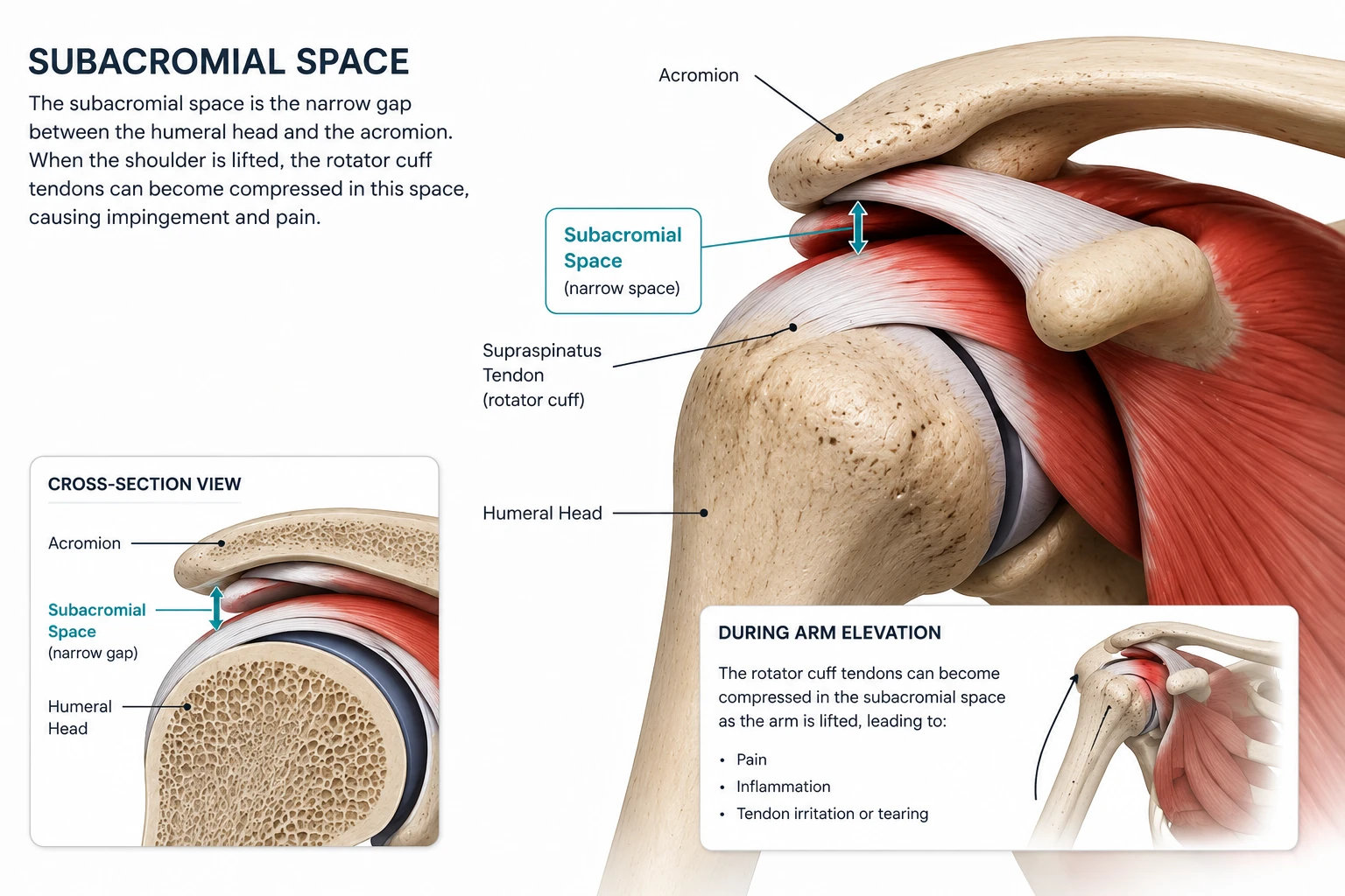 Side and cross-sectional anatomical views of the subacromial space, the narrow gap between the humeral head and the acromion where the supraspinatus tendon and bursa pass through and can become compressed