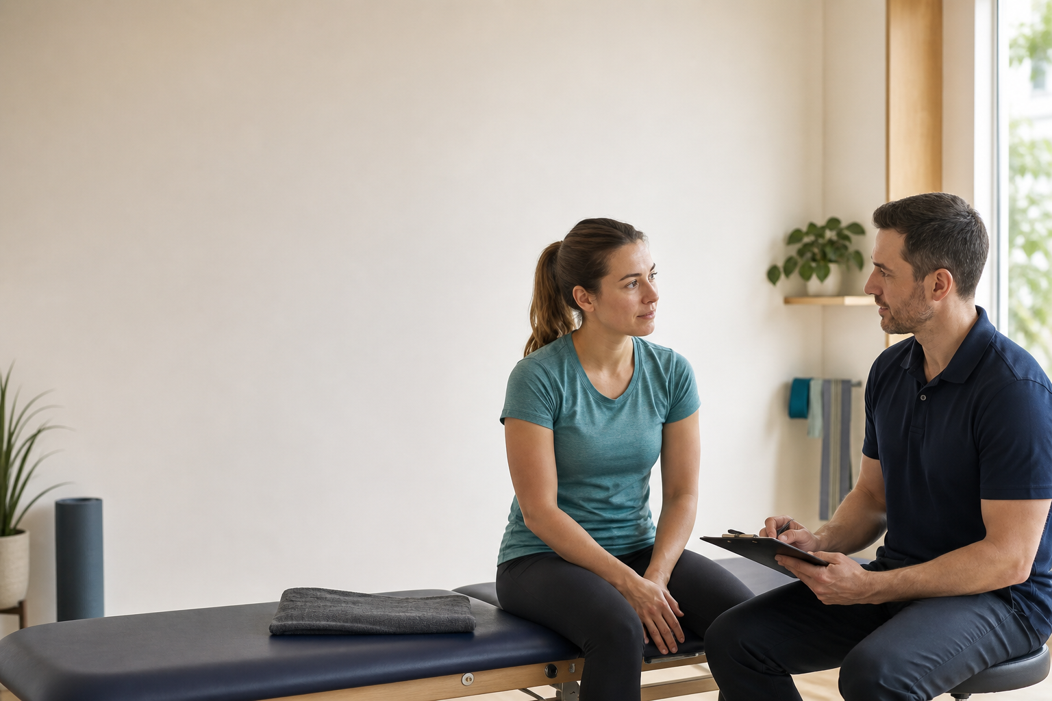 A patient in a calm conversation with a clinician in a modern sports-medicine clinic.