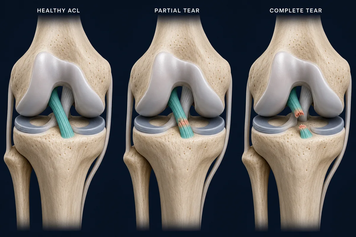 Three stages of ACL injury: a healthy ACL, a partial tear and a complete tear.