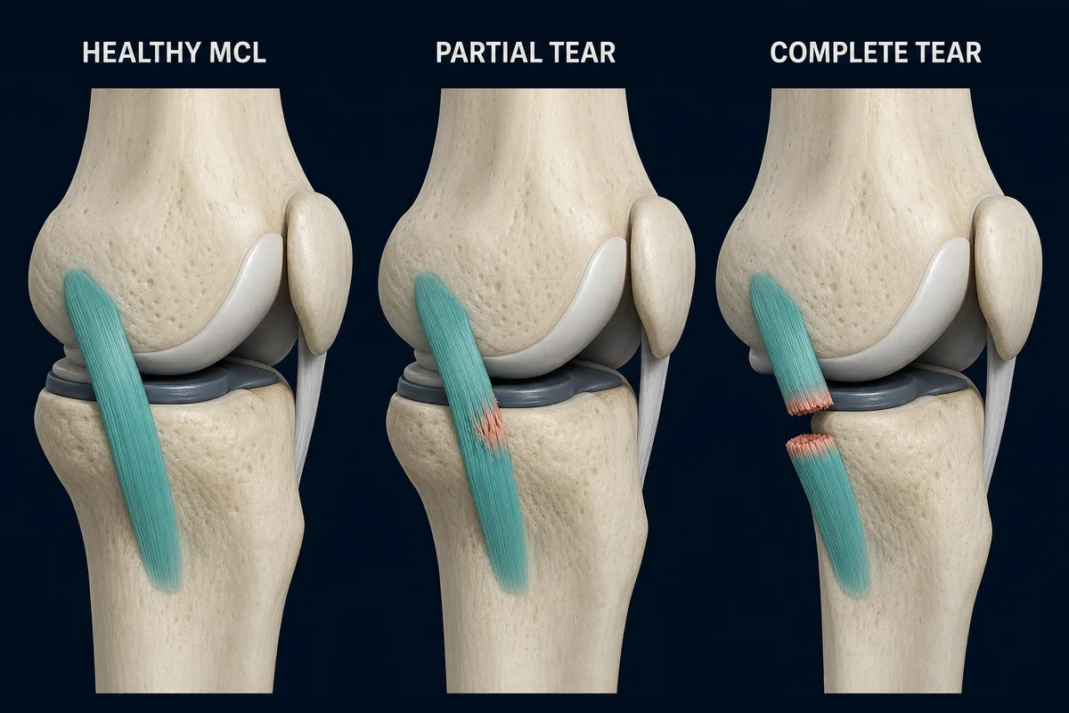 Three stages of MCL injury: a healthy MCL, a partial tear and a complete tear.