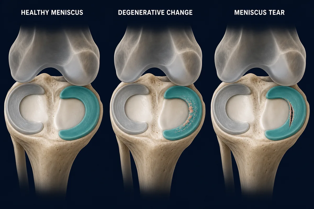 Three meniscus states: a healthy meniscus, degenerative change and a meniscus tear.
