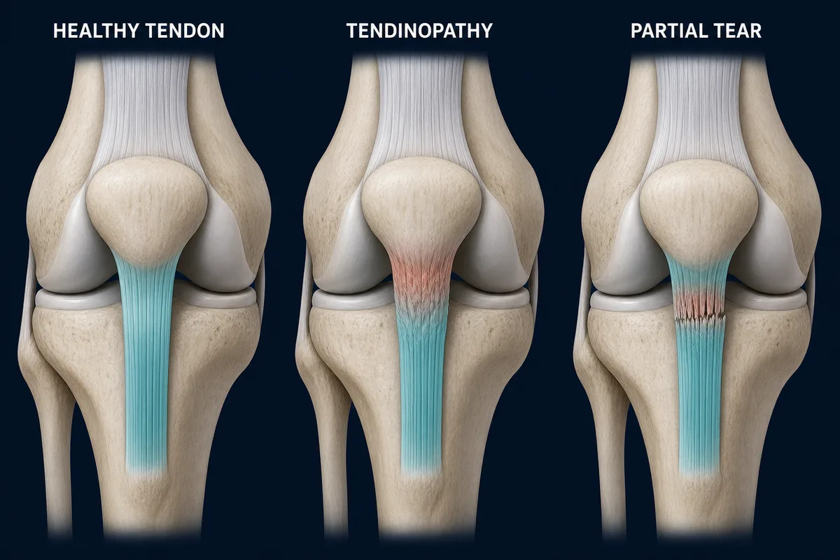 Three patellar tendon states: a healthy tendon, tendinopathy and a partial tear.