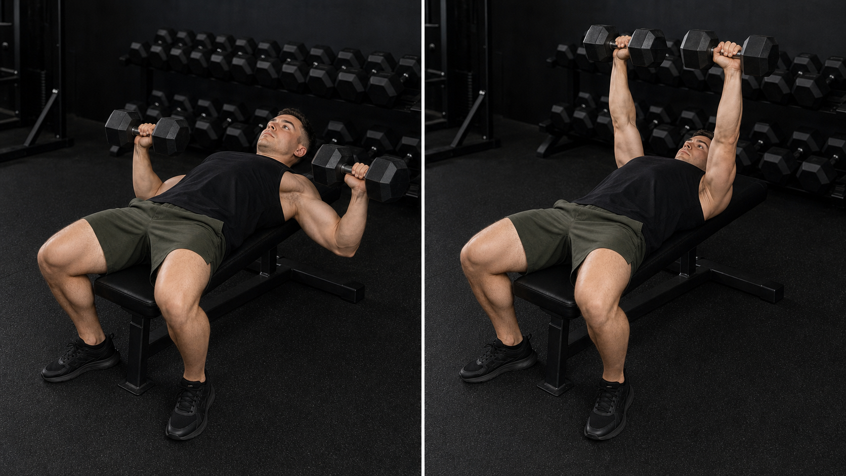 Start and finish demonstration of Flat Dumbbell Bench Press