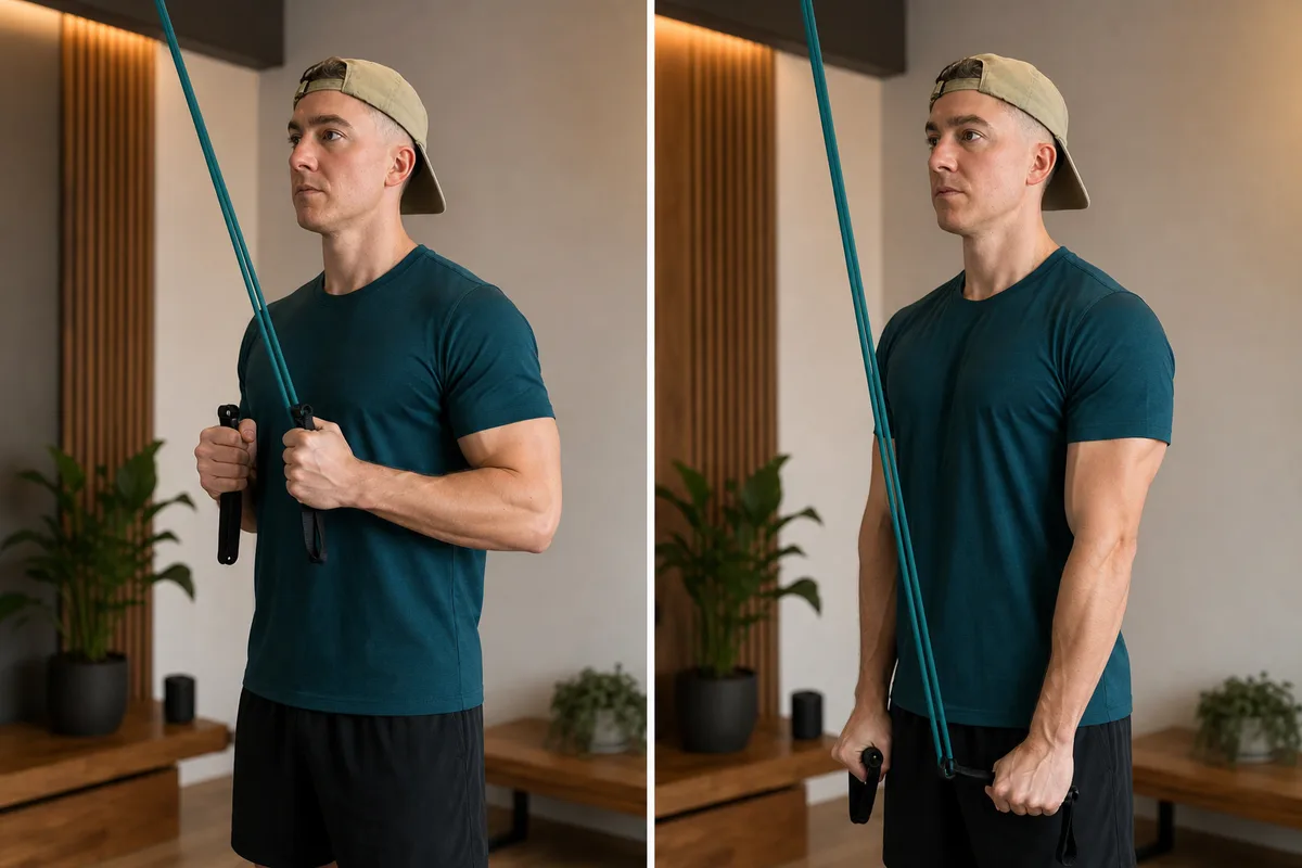 Start and finish demonstration of Band Triceps Press-Down